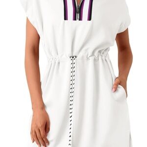 White Dress with Black and Purple Accents